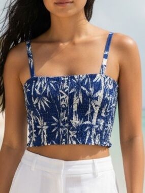 Navy Botanical Smocked Cropped Tank Top